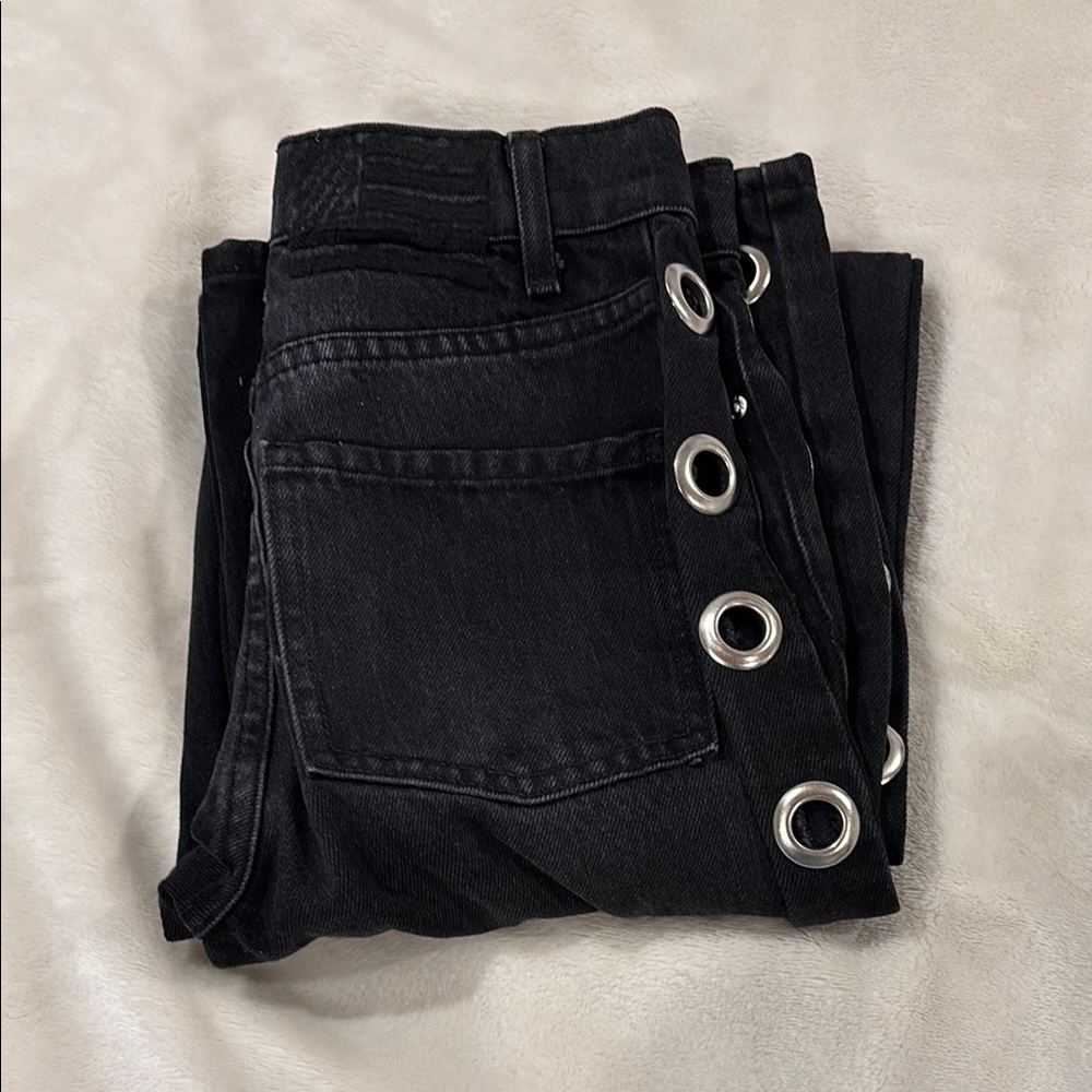 Black Flare Wide Leg Jeans with Silver Eyelets